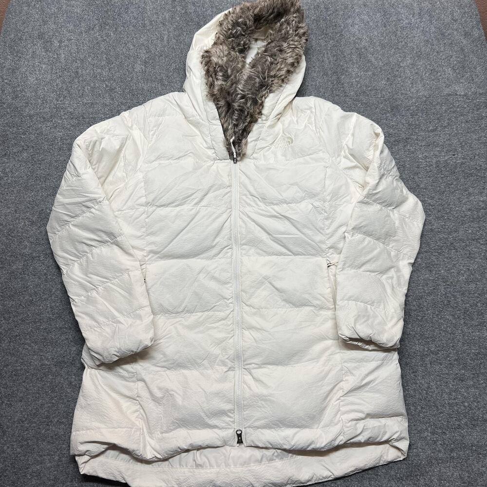 The North Face Coat Womens XXL White Hooded Down Puffer Fur Trim Long Zip Warm
